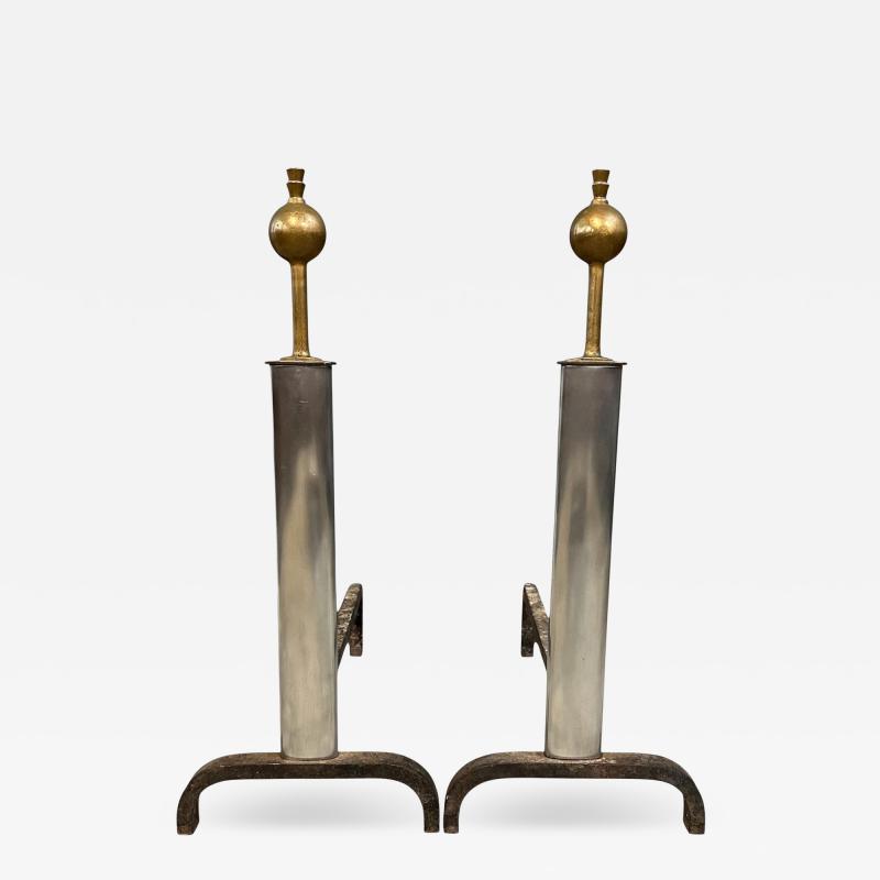 Machine Age Polished Steel and Brass Andirons Early 20th Century