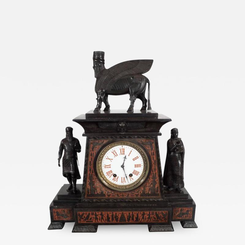 Magnificent Bronze Mounted and Marble Mantel Clock in the Assyrian Revival Style