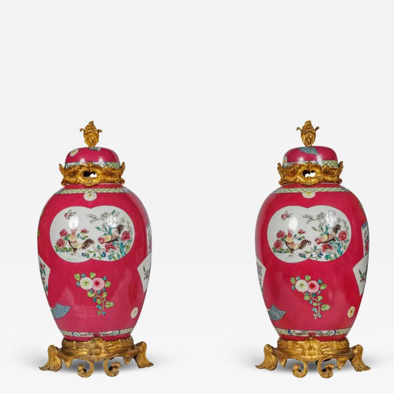 Magnificent Pair of Ormolu Mounted Pink Chinese Porcelain Vases