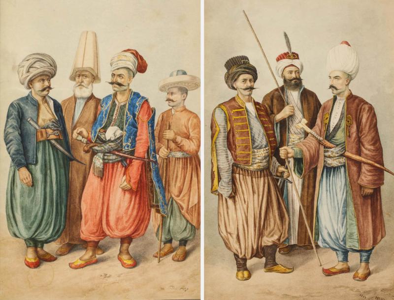 Magnificent Pair of Turkish Ottoman Watercolors of Sultans by Hossein