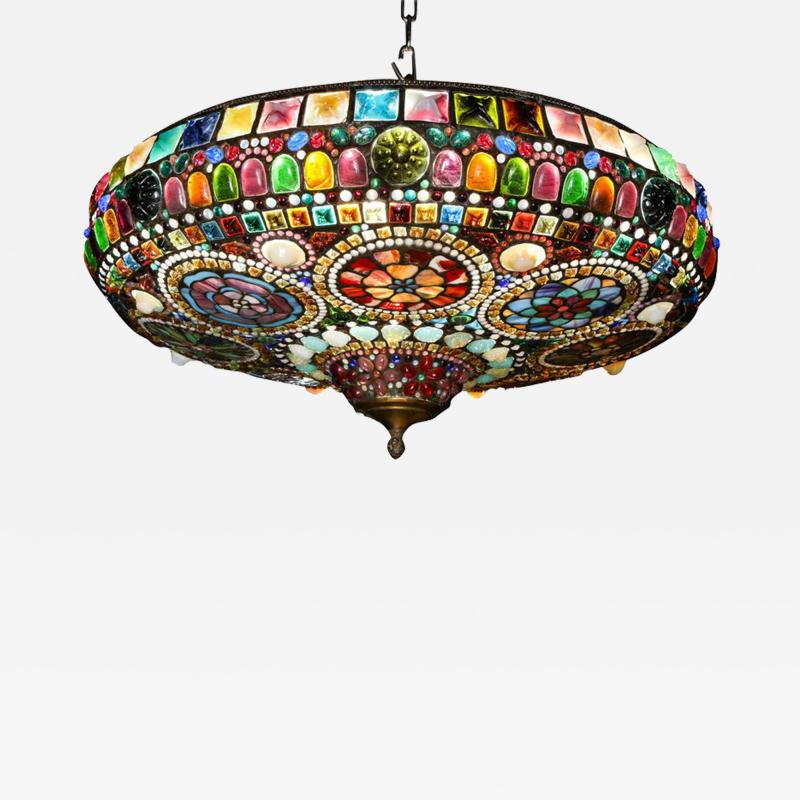 Magnificent Stained Tiffany Leaded Glass Ceiling Chandelier Mount circa 1960