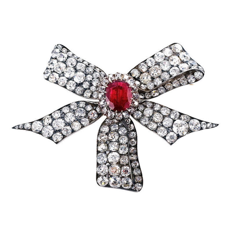 Magnificent Victorian Diamond Burma Ruby Bow Pin