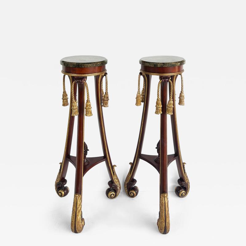 Mahogany Giltwood Pedestals with Carved Tassels Tesselated Stone Tops a Pair