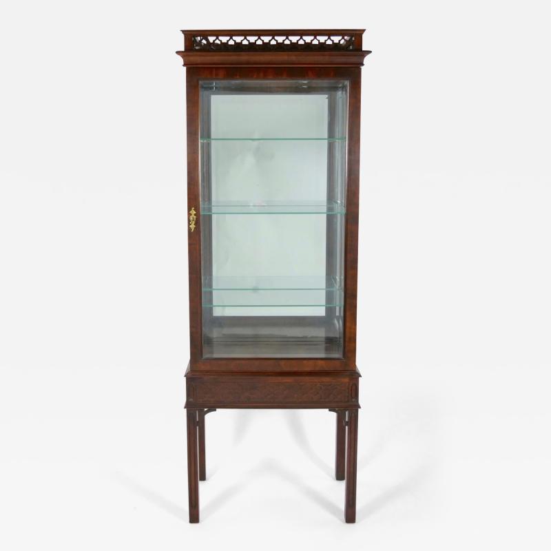 Mahogany Wood Framed Mirrored Back Display Vitrine Cabinet Three Glass Shelves