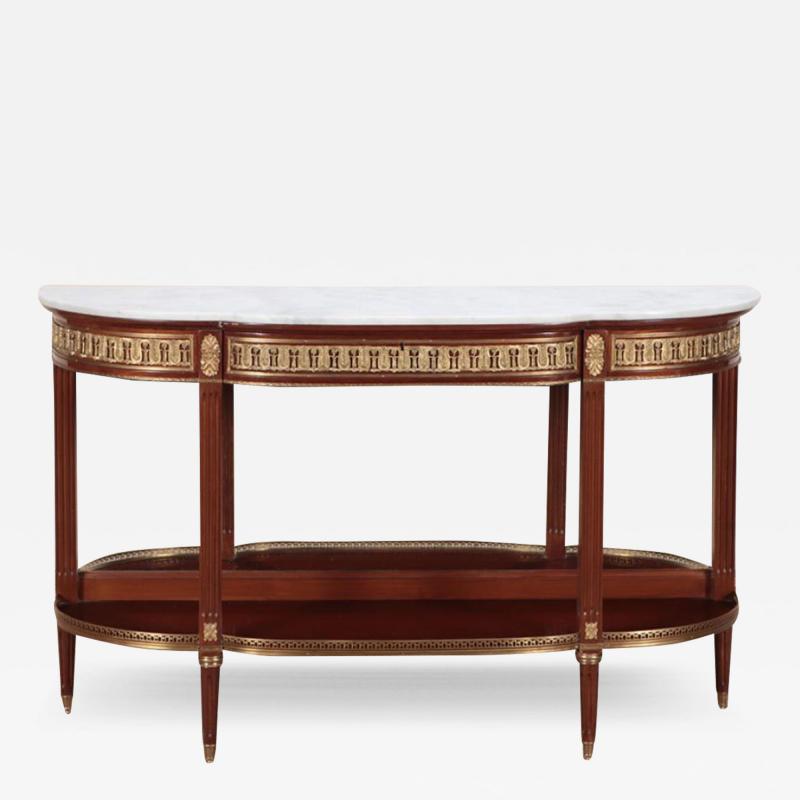Mahogany bronze mounted Louis XVI style marble top console table