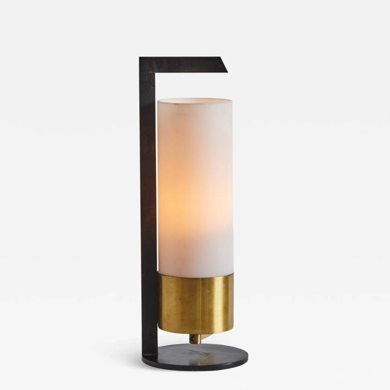 Maison Arlus 1950s Cylindrical Brass and Opaline Glass Table Lamp for Arlus