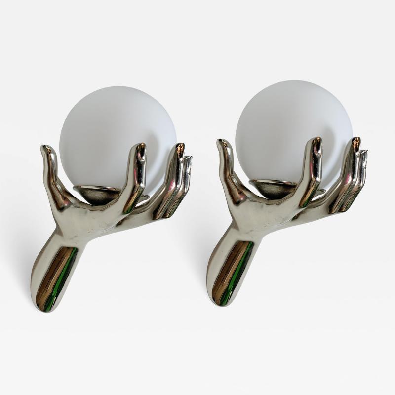 Maison Arlus An as New Pair of 1970s Maison Arlus Chrome Hand Wall Sconces