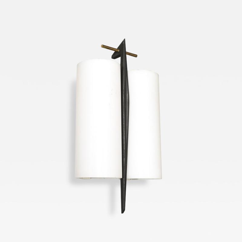 Maison Arlus Mid Century Frosted Glass Brass Black Enamel Sconce by Maison Arlus