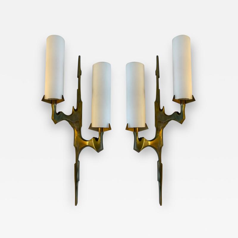 Maison Arlus Pair of Gilt Bronze and Opaline Glass Sconces by Maison Arlus France 1960s