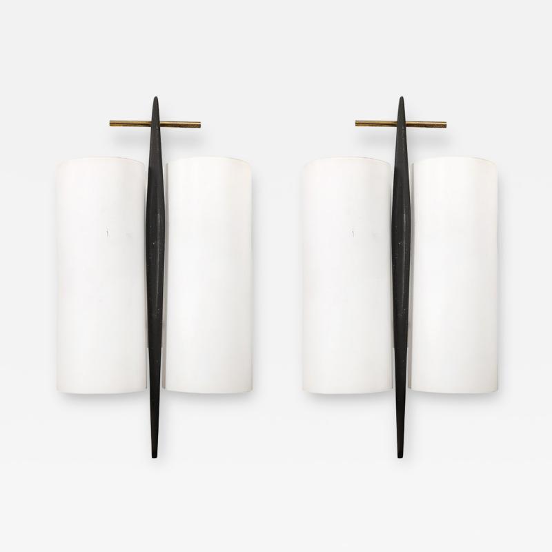 Maison Arlus Pair of Mid Century Frosted Glass Brass Black Enamel Sconces by Maison Arlus