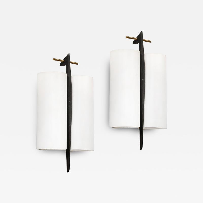 Maison Arlus Pair of Mid Century Frosted Glass Brass Black Enamel Sconces by Maison Arlus