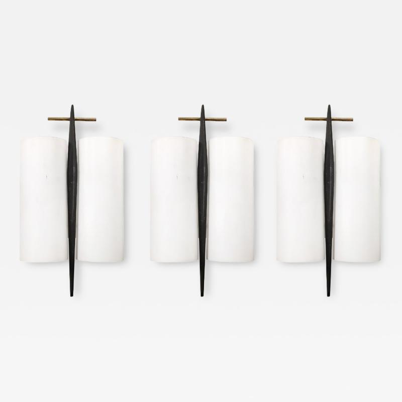 Maison Arlus Set of 3 Mid Century Frosted Glass Brass Black Enamel Sconces by Maison Arlus