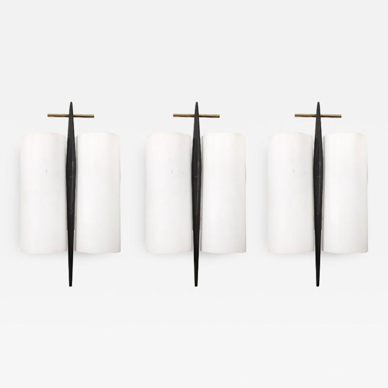 Maison Arlus Set of 3 Mid Century Frosted Glass Brass Black Enamel Sconces by Maison Arlus