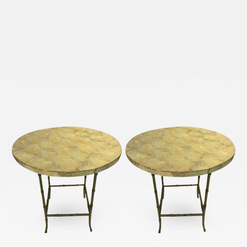 Maison Bagu s Elegant Maison Bagues Style Capiz Shell End Tables with Brass Bamboo Legs