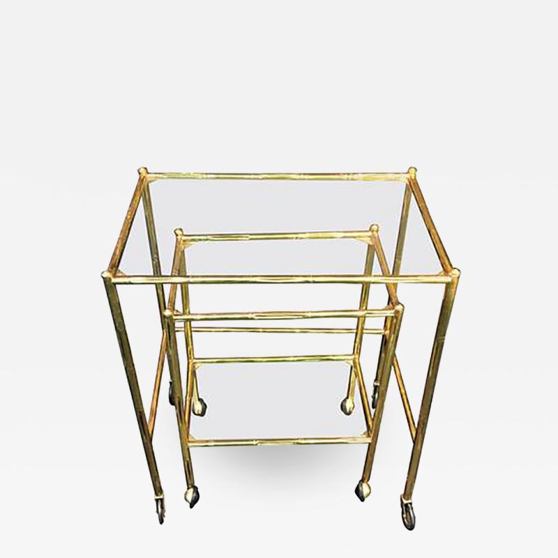 Maison Bagu s Exceptional Pair of Bagues Brass Bamboo Nexting Tables on Wheels