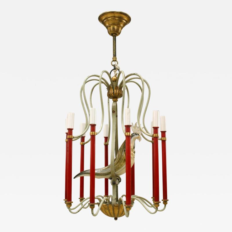 Maison Bagu s French 1940s Red and White Painted Metal 10 Arm Chandelier