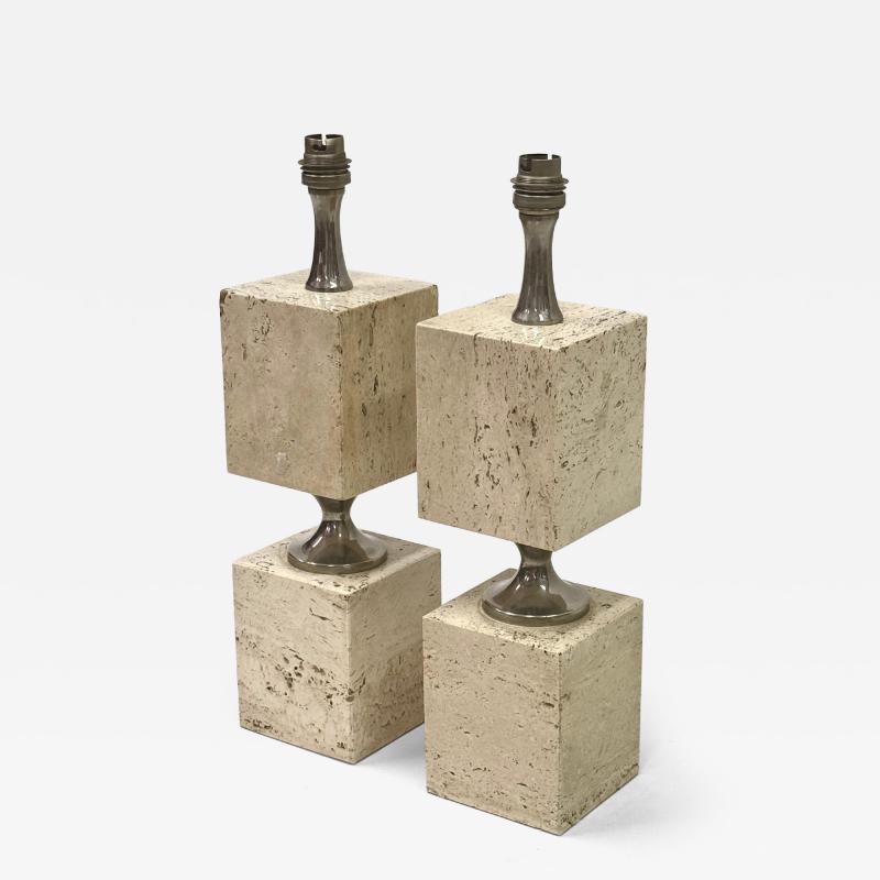 Maison Barbier Pair French Mid Century Travertine NIckel Table Lamps by Maison Barbier 1970