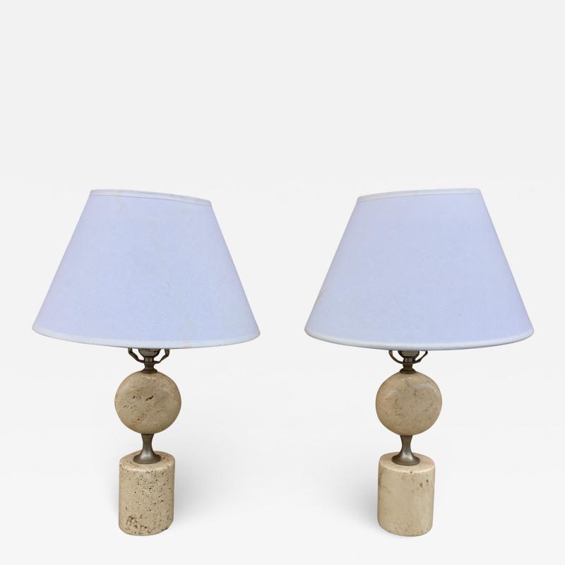 Maison Barbier Pair of Barbier Nickel and Travertine Table Lamps