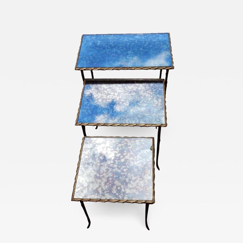 Maison Charles 1950 1970 Series of Three Gigognes Tables Model Palm Tree Maison Charles