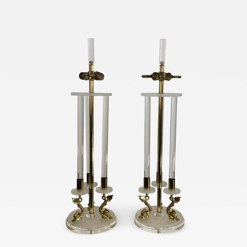 Maison Charles CLEAR FROSTED LUCITE WITH BRASS DOLPHIN LAMPS IN THE MANNER OF MAISON CHARLES