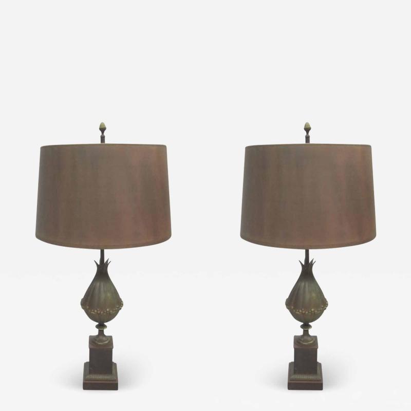 Maison Charles Pair of French Modern Neoclassical Bronze Table Lamps Shades by Maison Charles