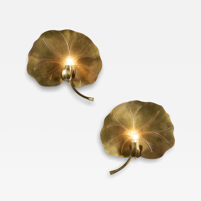 Maison Florart Pair of French 1970 brass lily pad wall lights by Maison Florart