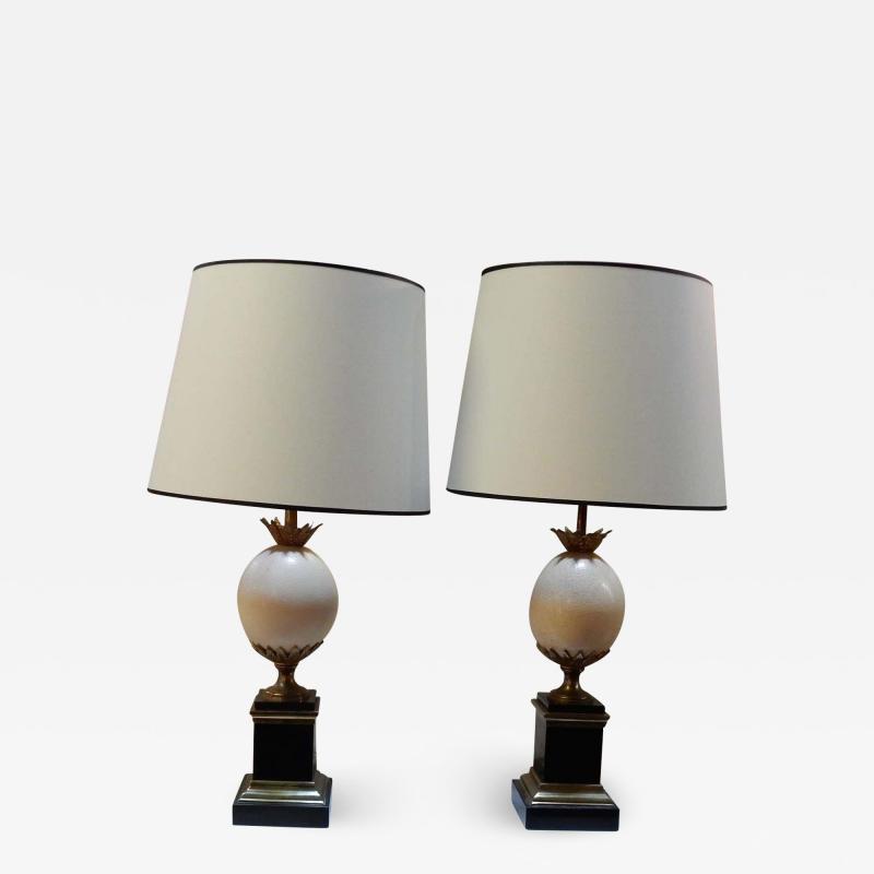 Maison Jansen 1950 1970 Pair of Lamps Black Marble and Ostrich Egg in Maison Jansen Style
