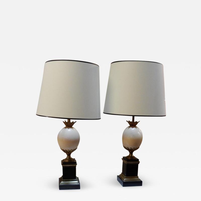 Maison Jansen 1950 1970 Pair of Lamps Black Marble and Ostrich Egg in Maison Jansen Style