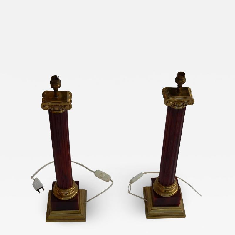 Maison Jansen 1950 1970 Pair of Maison Jansen Lamps Gilt Bronze and Bakelite Amber Color