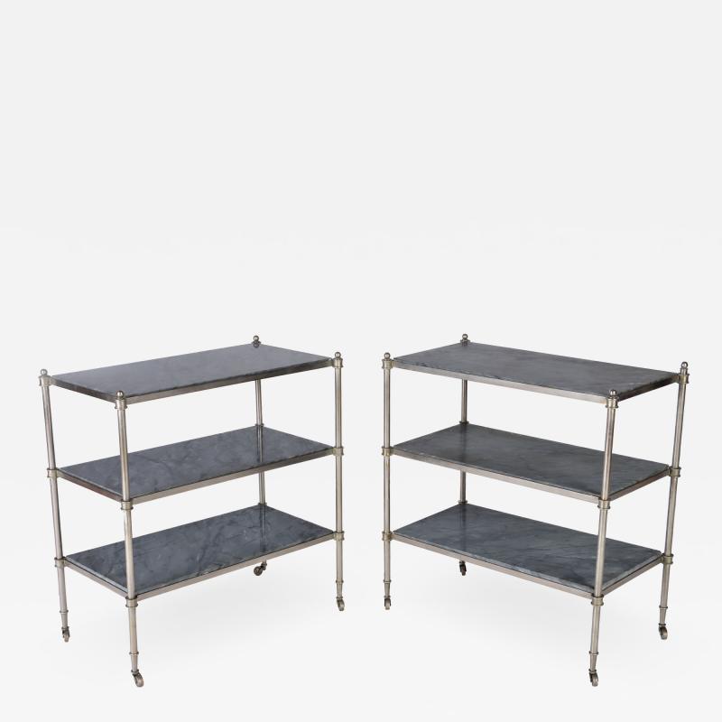 Maison Jansen A rare pair of nickel over bronze French three tier tables with blue grey marble