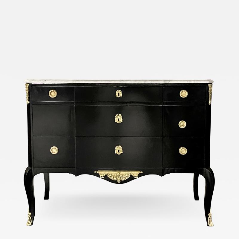 Maison Jansen Ebony Hollywood Regency Bronze Mounted Commode Sideboard Chest Marble Top