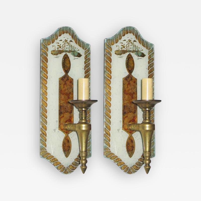 Maison Jansen Exceptional Pair of Verre glomis Sconces by Maison Jansen