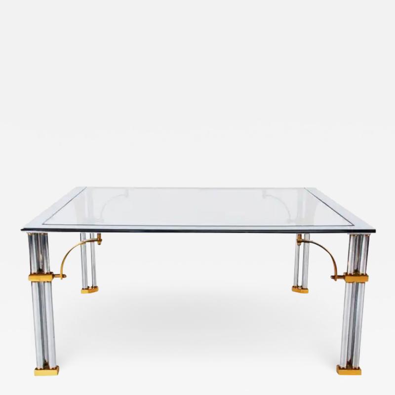 Maison Jansen Hollywood Regency Brass Chrome and Glass Square Cocktail Table Maison Jansen
