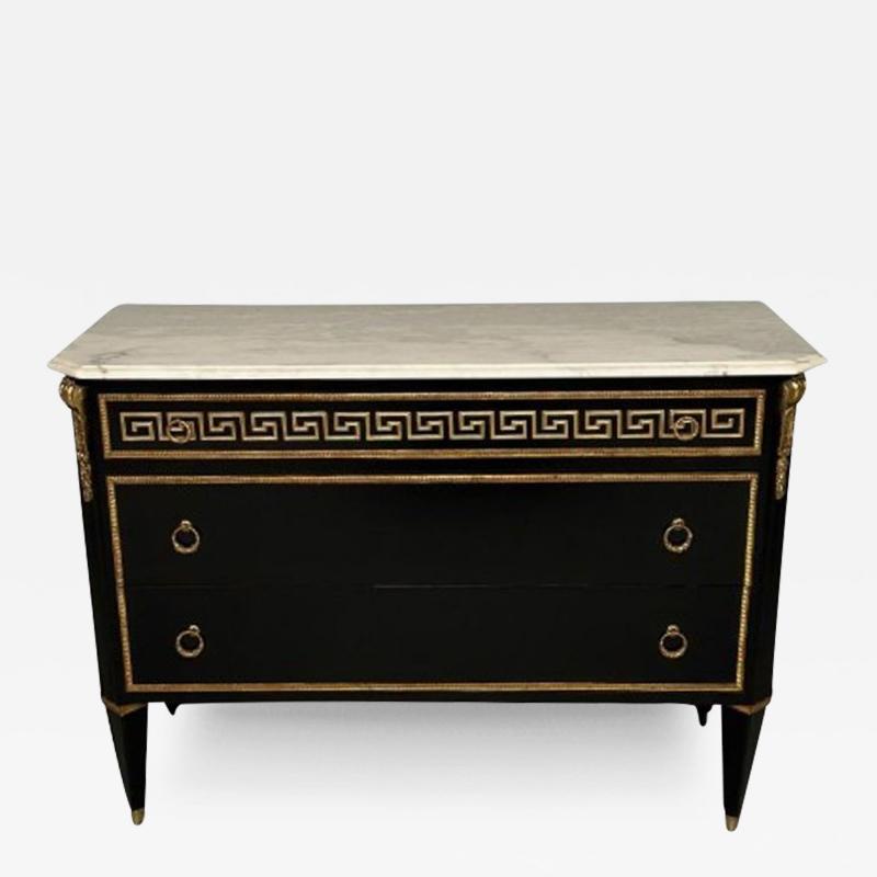 Maison Jansen Hollywood Regency Ebonized Cabinet Commode Greek Key Motif Bronze Mounted
