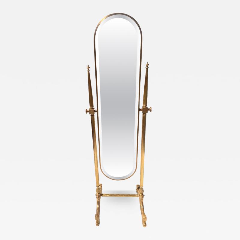 Maison Jansen Hollywood Regency Neoclassical Brass Cheval Floor Mirror 1970s