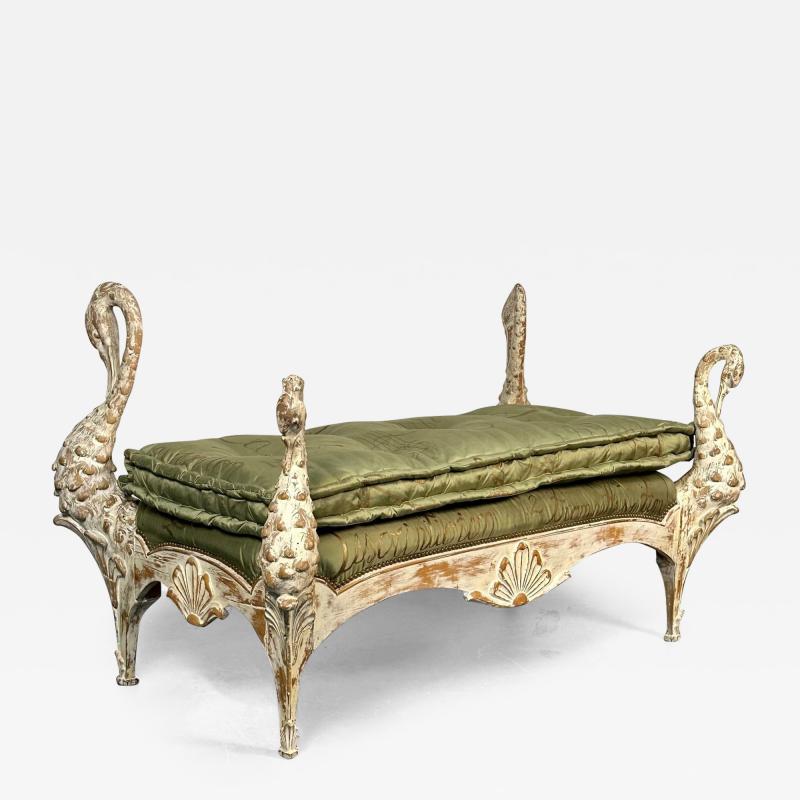 Maison Jansen Hollywood Regency Swan Bench Daybed by Maison Jansen Hand Carved Distressed