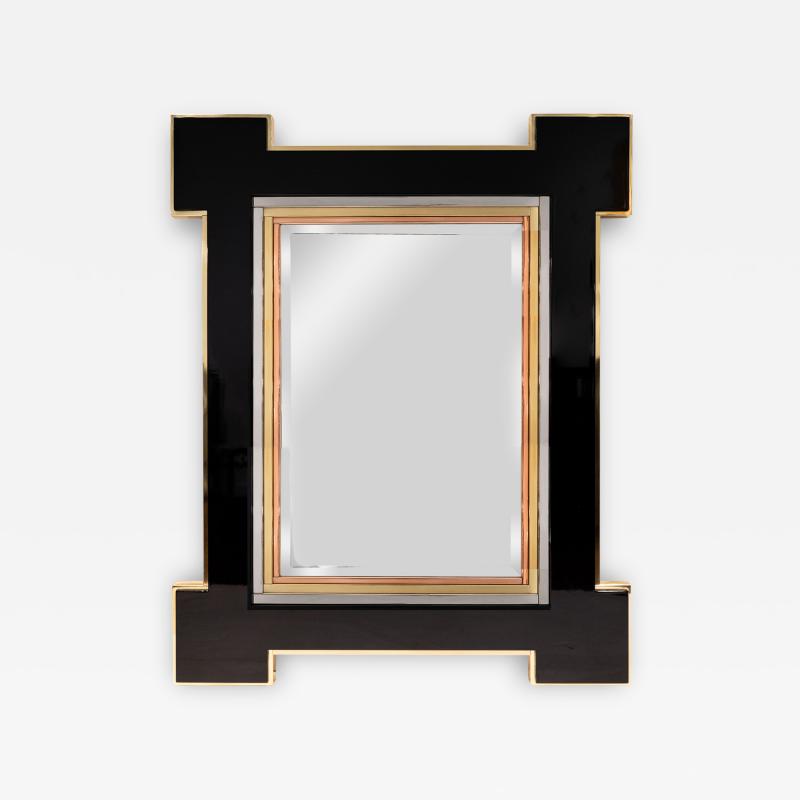 Maison Jansen Jansen Elegant Mirror in Black Lacquer with Mixed Metal Accents 1972