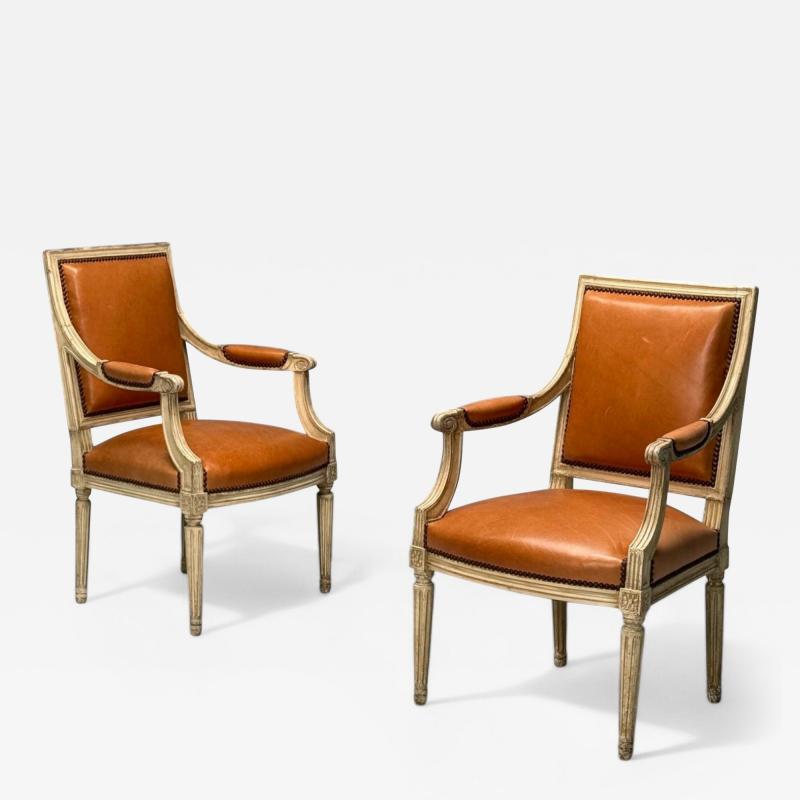 Maison Jansen Louis XVI Style Arm Chairs Distressed Wood Cognac Leather France 1950s