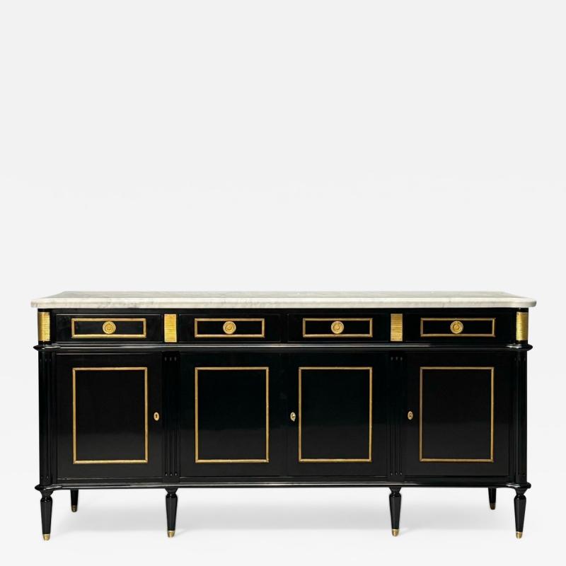 Maison Jansen Louis XVI Style Hollywood Regency Sideboard Black Lacquer Marble Bronze