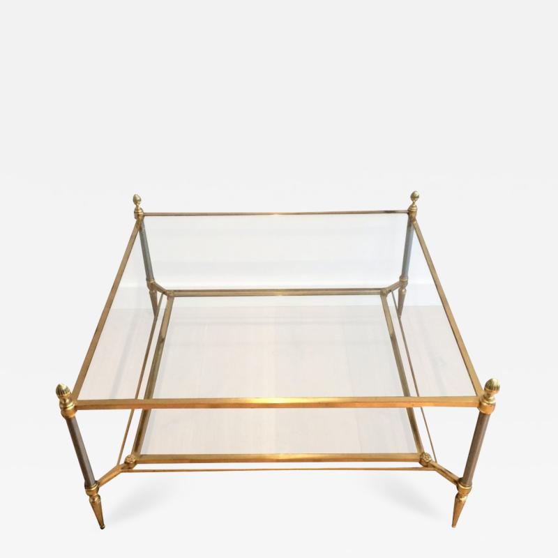 Maison Jansen MID CENTURY MAISON JANSEN BRASS COFFEE TABLE WITH 2 TIERS GLASS SHELVES