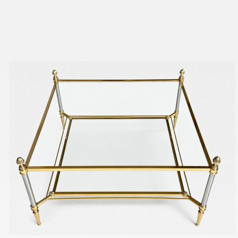 Maison Jansen MID CENTURY MAISON JANSEN BRASS COFFEE TABLE WITH 2 TIERS GLASS SHELVES