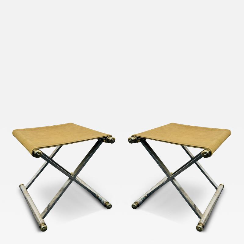 Maison Jansen MODERNIST PAIR OF CHROME BRASS KNOB SUEDE SEAT X STOOLS