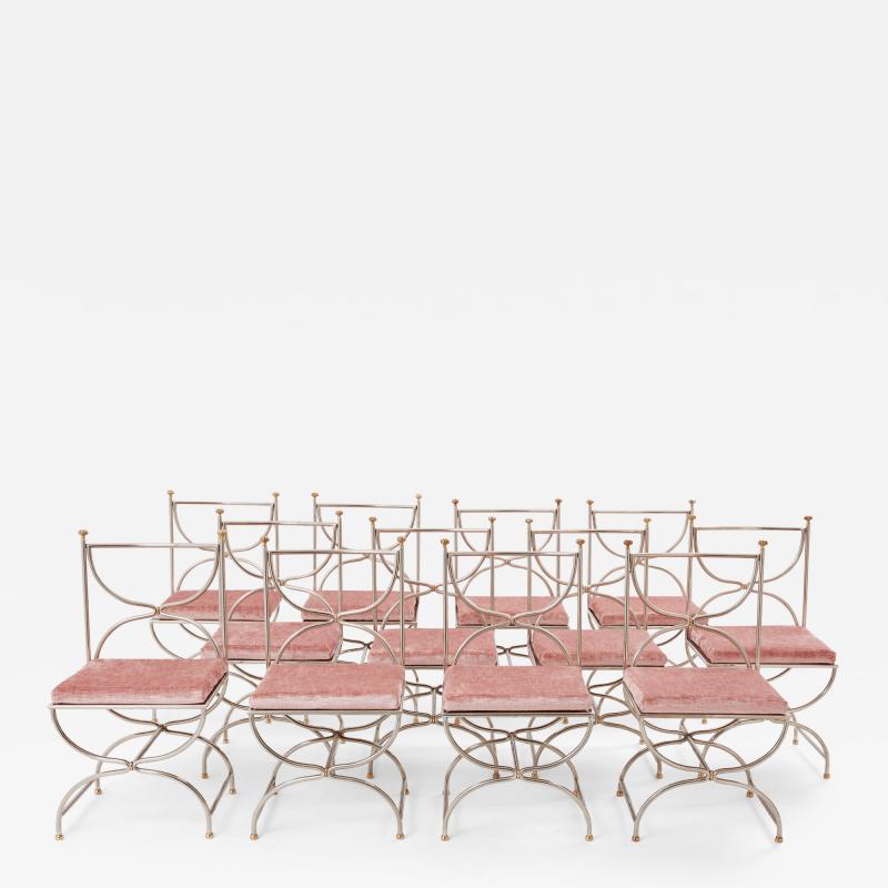 Maison Jansen Maison Jansen 12 curule chairs steel brass pink velvet 1960s