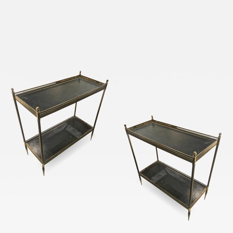 Maison Jansen Maison Jansen 1940s Pair of Two Tier Side Table with Black Leather Patinated Top