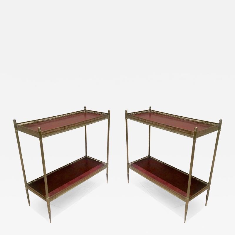 Maison Jansen Maison Jansen 1940s Pair of Two Tier Side Table with Red Leather Patinated Top