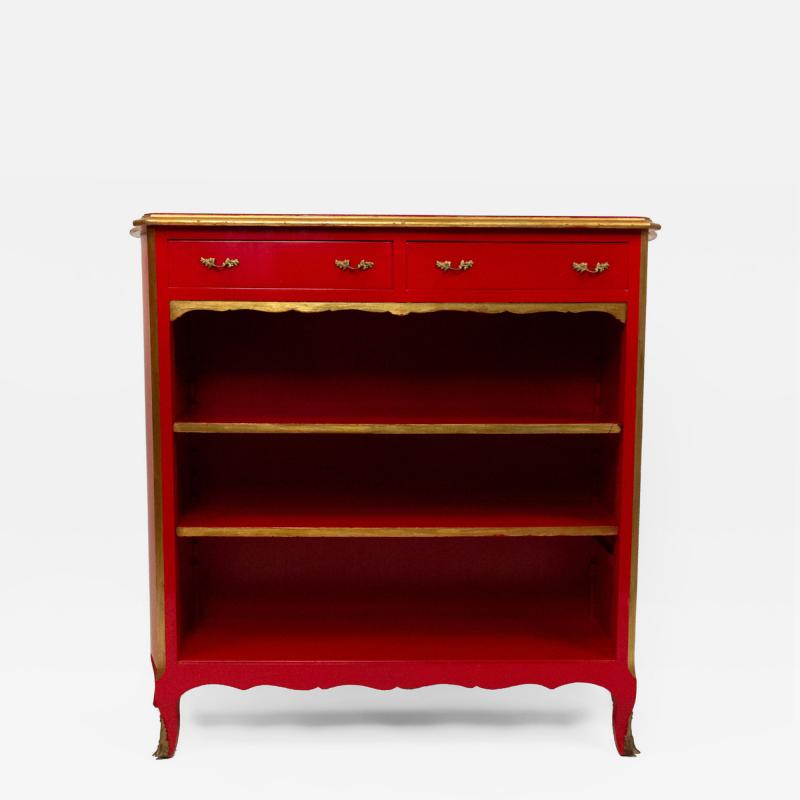 Maison Jansen Maison Jansen French Louis XV Style Red Lacquered Gilt Trimmed Bookcase