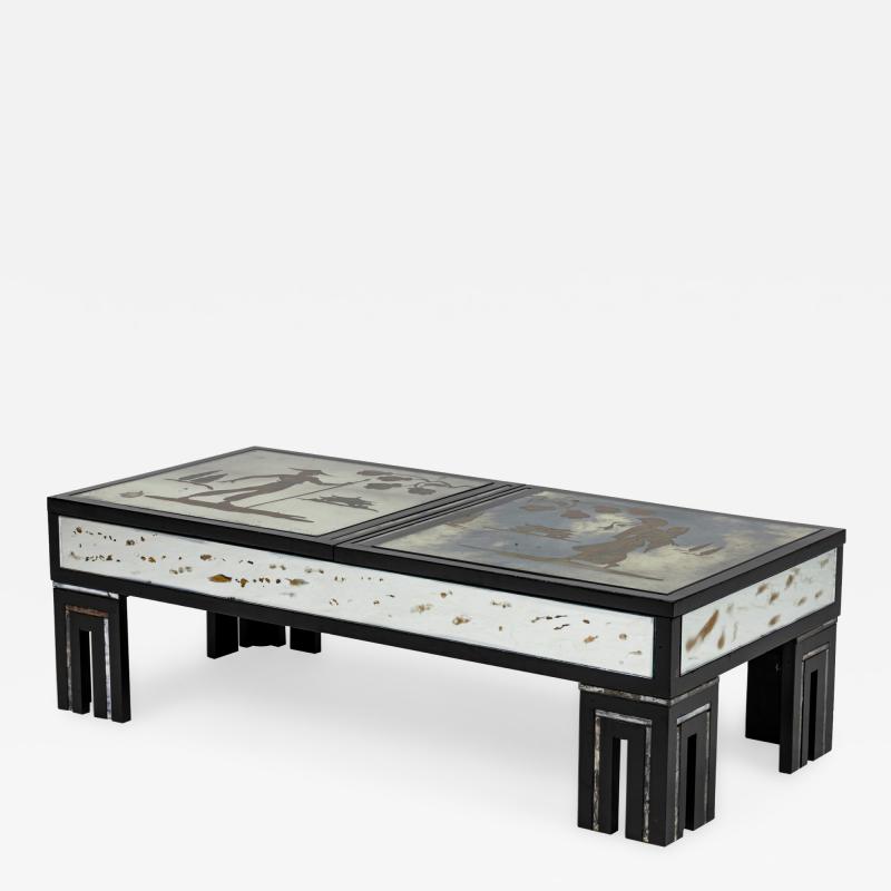 Maison Jansen Maison Jansen French Mid Century Black Lacquer and Eglomise Low Table