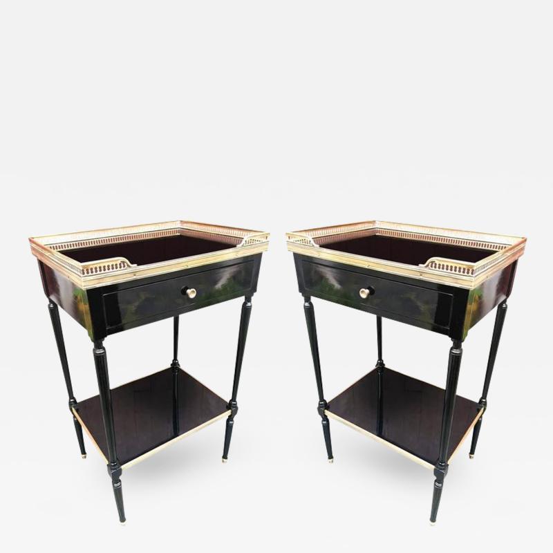 Maison Jansen Maison Jansen Pair of Two Tier Neoclassic Side Table with Gold Adorn Leather Top