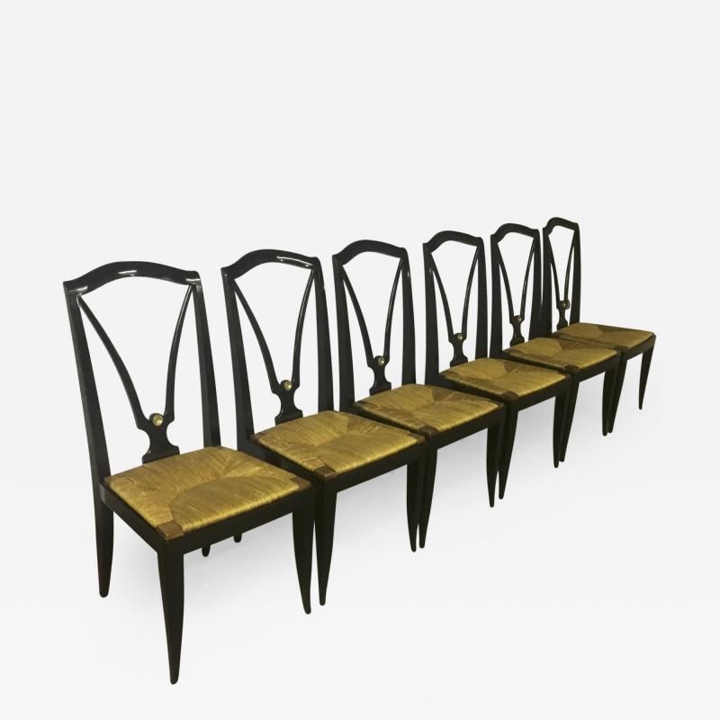 Maison Jansen Maison Jansen Refined Set of 6 Black Dining Chairs with Rush Seat