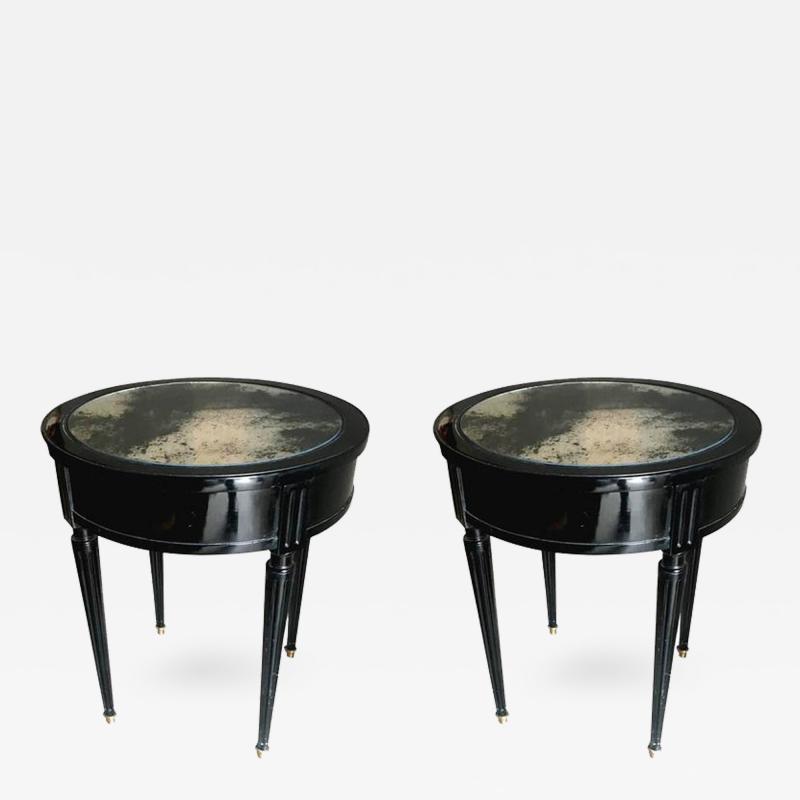 Maison Jansen Maison Jansen Signed Pair of Side Blackened Wood Tables with Oxidized Mirror Top